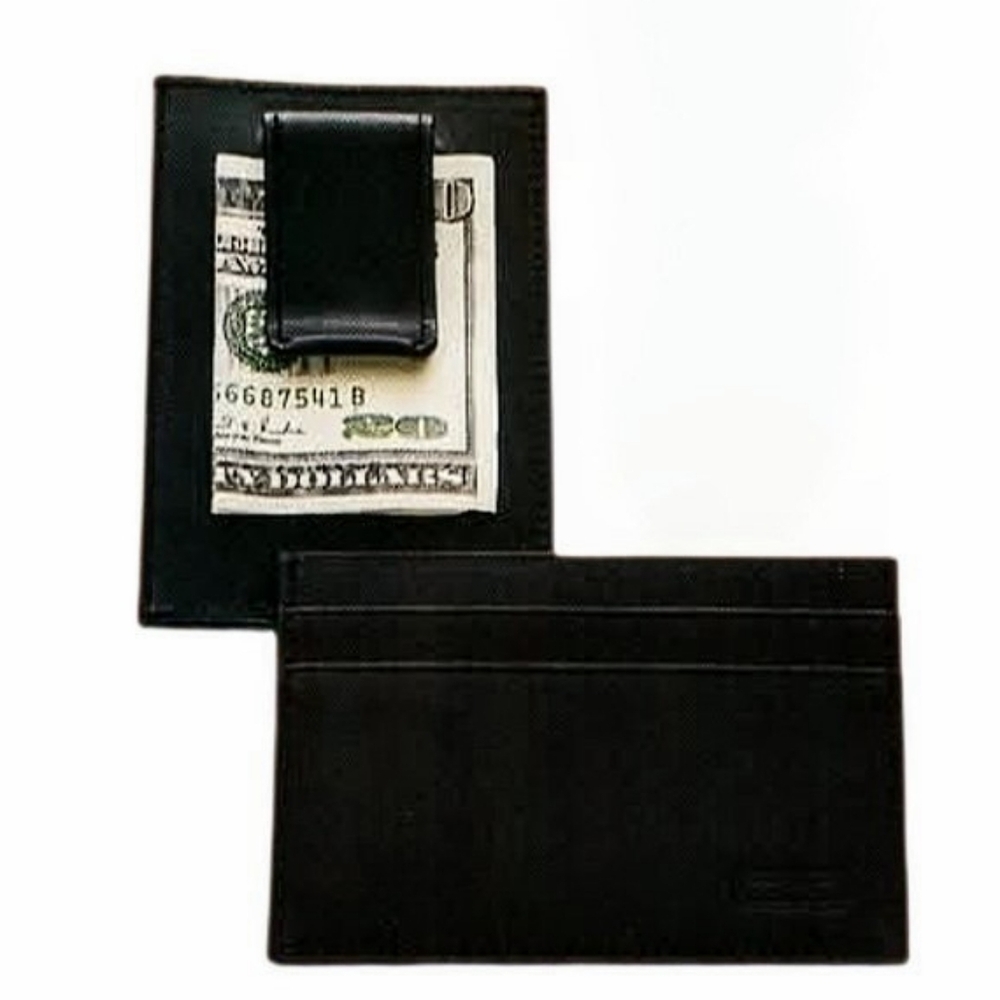 🖤 Men's Vintage 90s Y2K Black Cowhide Leather Money Clip Card Case ID Wallet